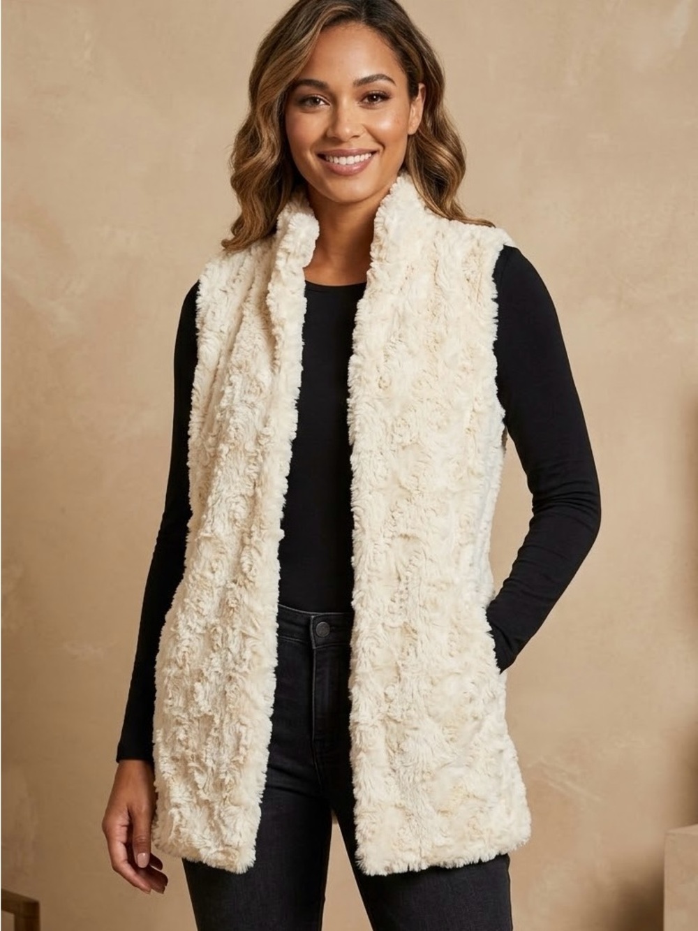 French Laundry Cream Faux Fur Open-Front Vest